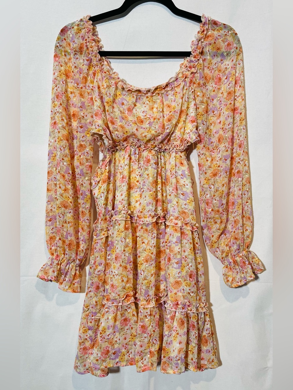 Jessica Simpson Pink Yellow Floral Ruffle Tiered Cutouts Mini Dress